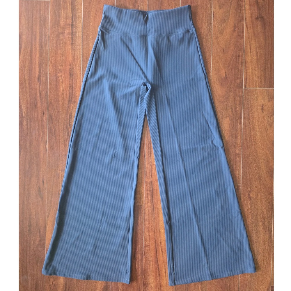 Mooslover Womens Ribbed Wide Leg Yoga Pants High Waisted Dusty Blue Size M NWT